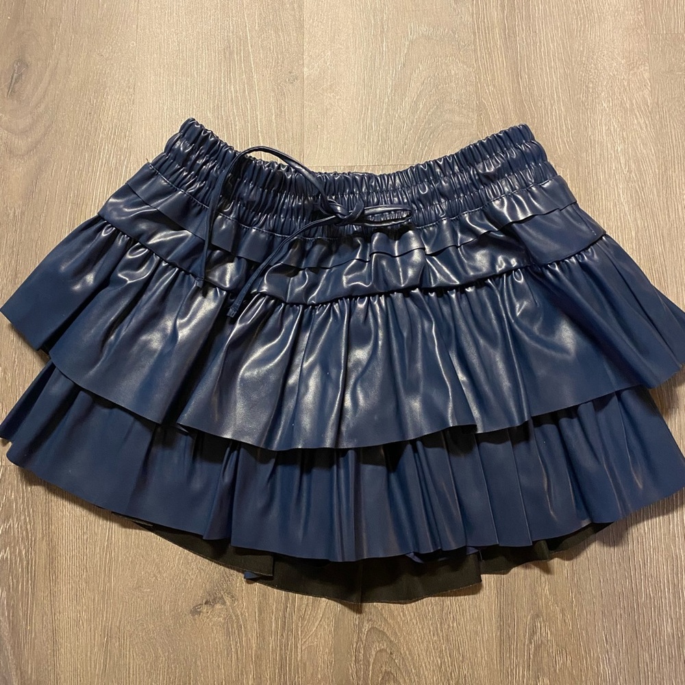 Blue Mini Bubble Skirt with Pleated Tiered Design